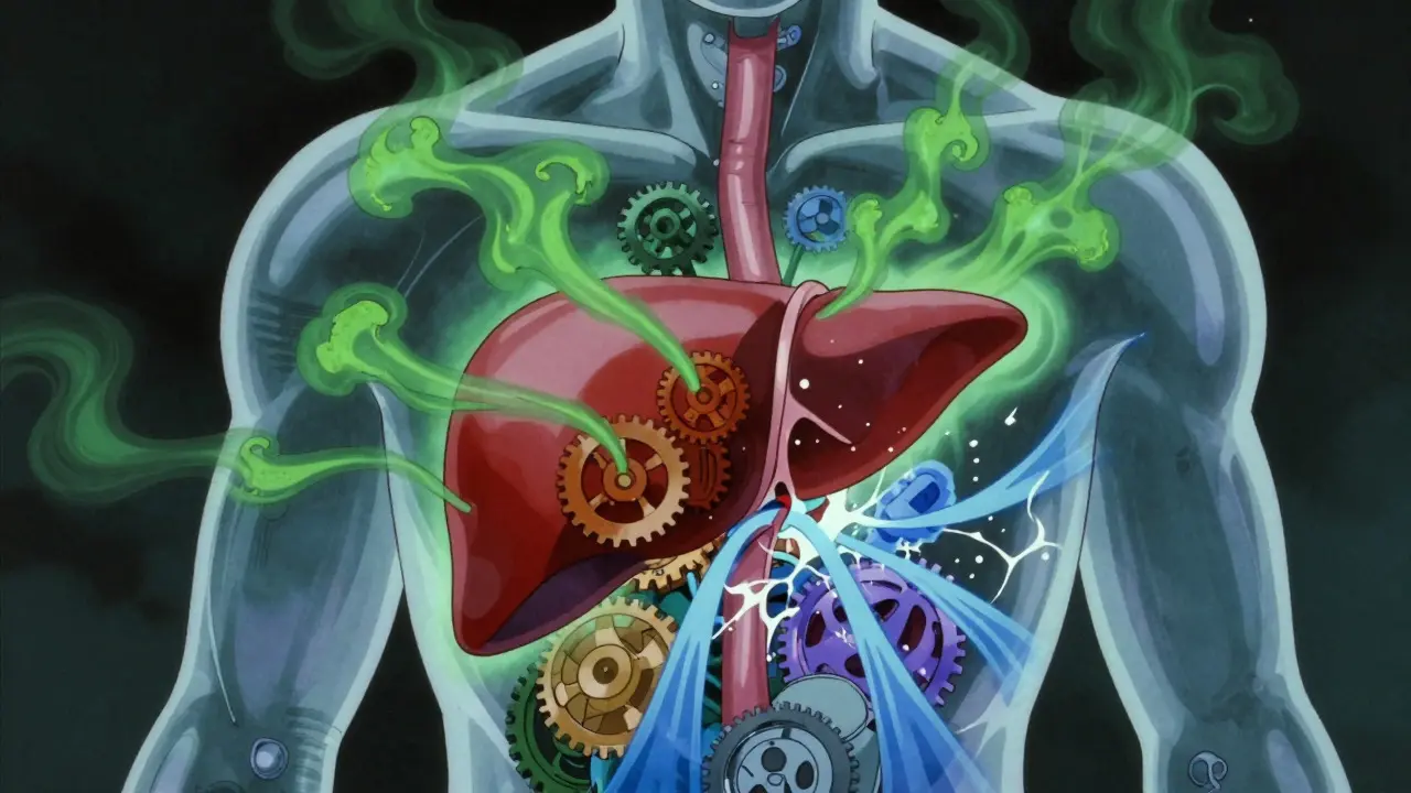 Stylized liver being damaged by dark smoke and blue energy waves