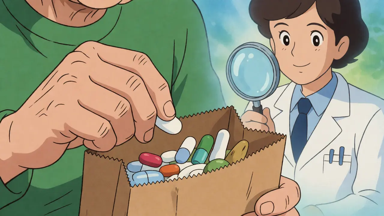 Hands sorting medications into a brown bag for a safety review