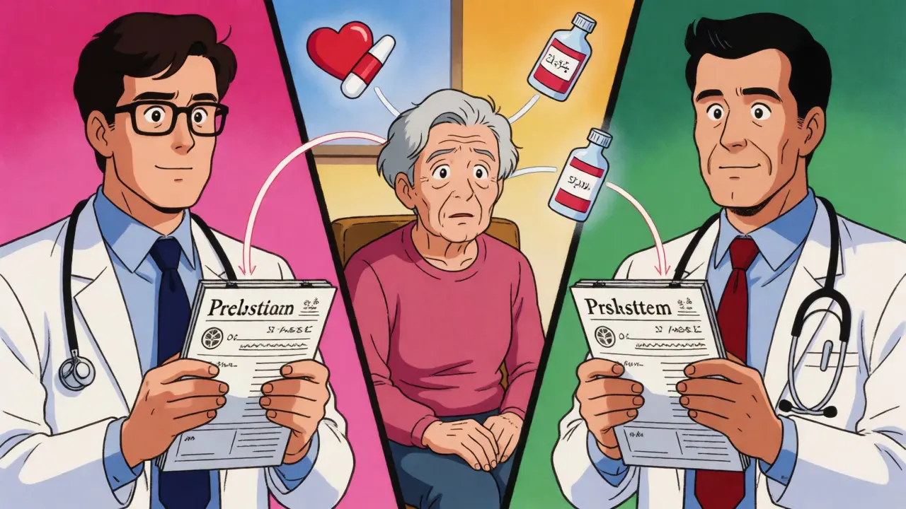 Three doctors prescribing meds independently to a confused elderly patient